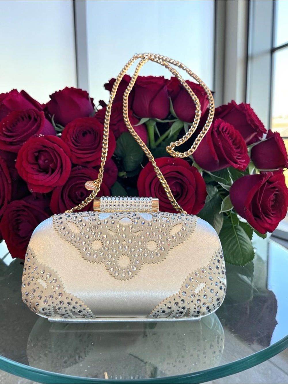 Badgley Mischka Ivory Satin Crystal Embellished Evening Clutch/ Shoulder Bag